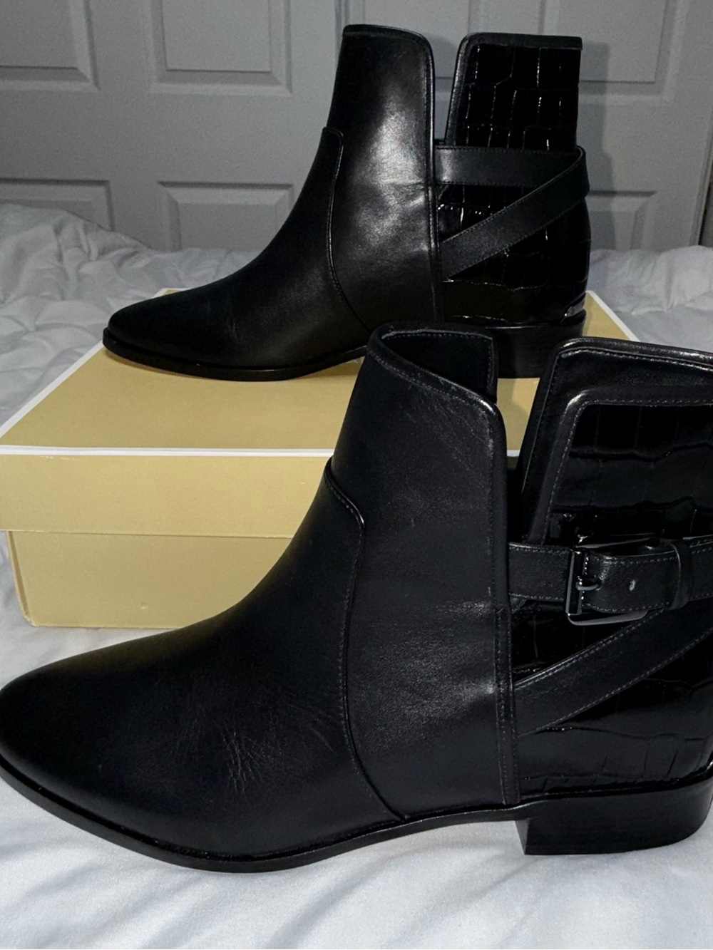 Michael Kors Black Leather Ankle Booties with Croc-Print Back
